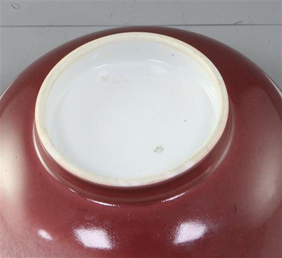 A Chinese peach-bloom bowl, 18th century, 18.2cm diameter, small firing fault inside foot